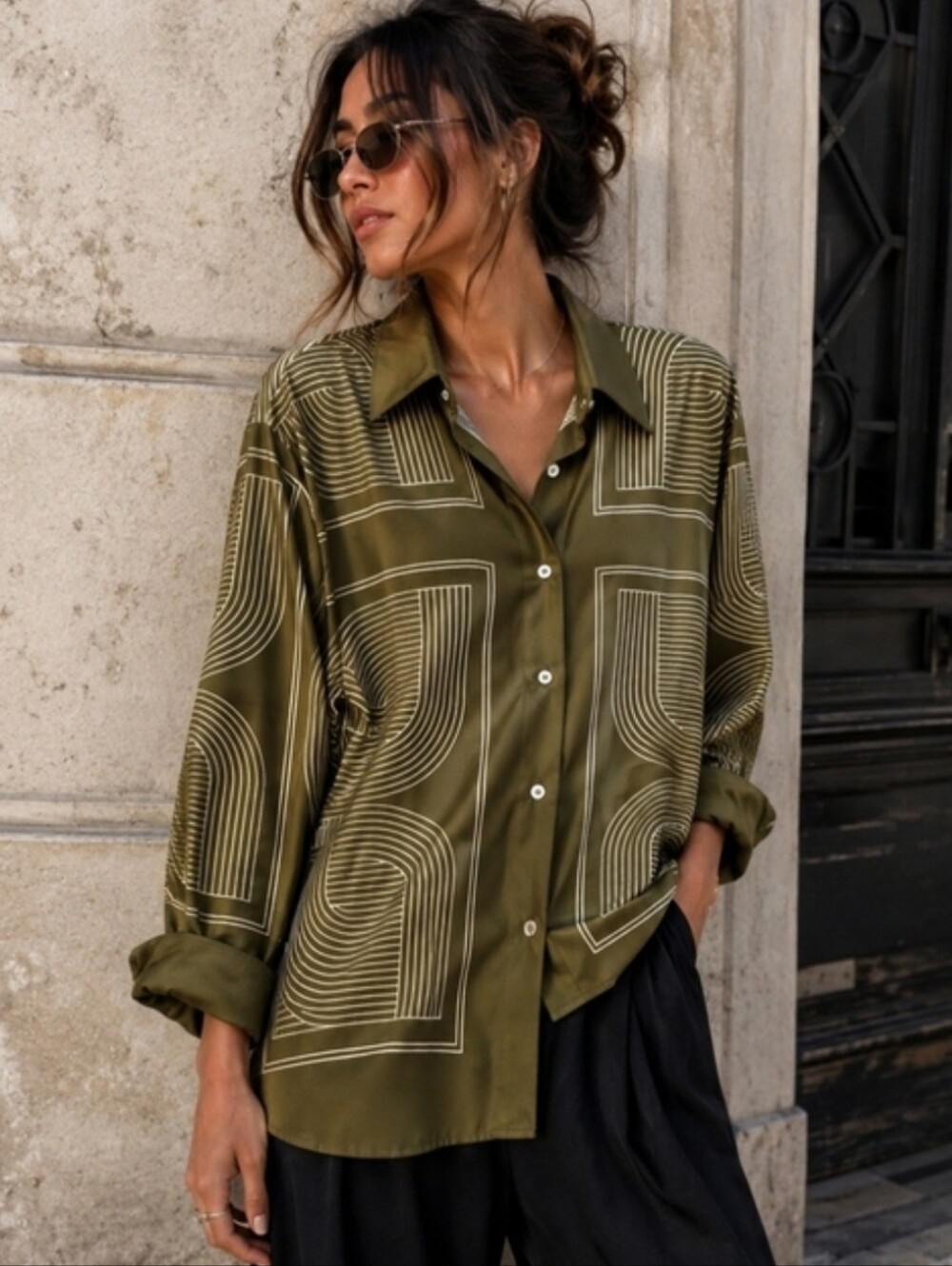 H&M Olive Green Geometric Oversized Button-Down Shirt